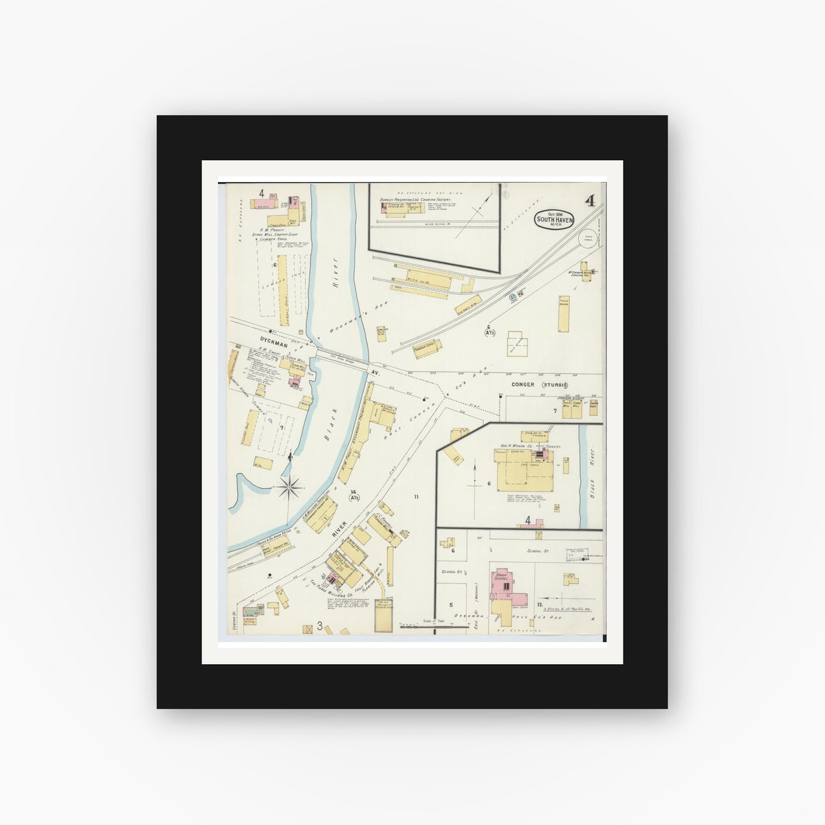 Old map wall art mockup — black gallery frame with white mat — Sanborn Fire Insurance Map from South Haven, Van Buren County, Michigan (1896), Sheet #0004