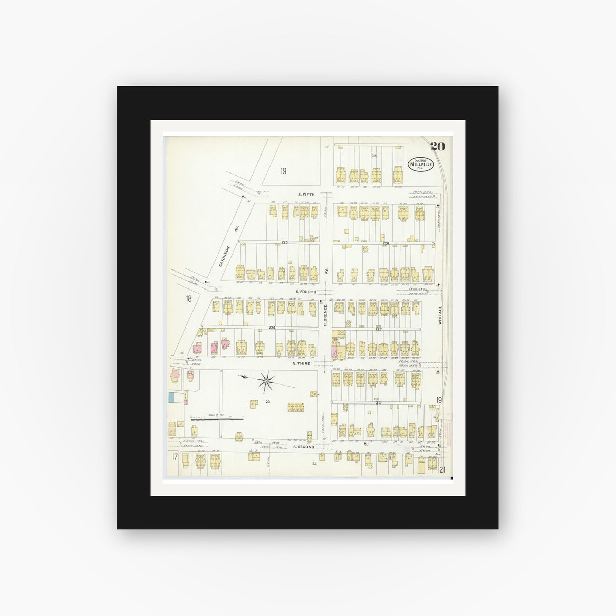 Old map wall art mockup — black gallery frame with white mat — Sanborn Fire Insurance Map from Millville, Cumberland County, New Jersey (1908), Sheet #0020