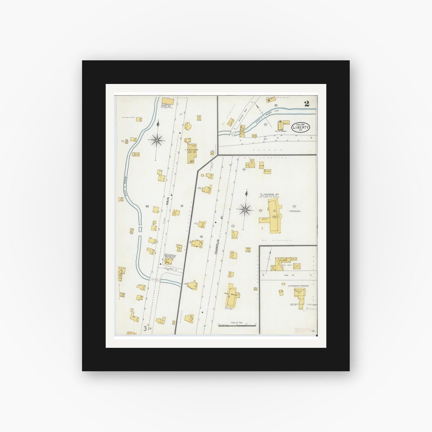 Old map wall art mockup — black gallery frame with white mat — Sanborn Fire Insurance Map from Liberty, Sullivan County, New York (1904), Sheet #0002