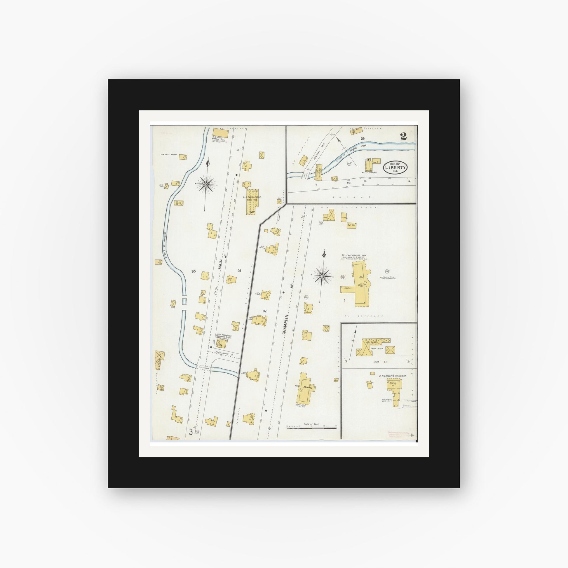 Old map wall art mockup — black gallery frame with white mat — Sanborn Fire Insurance Map from Liberty, Sullivan County, New York (1904), Sheet #0002