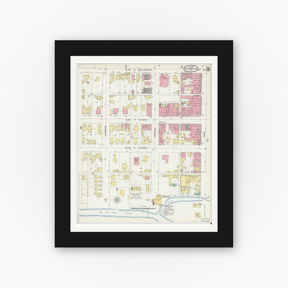 Old map wall art mockup — black gallery frame with white mat — Sanborn Fire Insurance Map from Rushville, Rush County, Indiana (1896), Sheet #0003