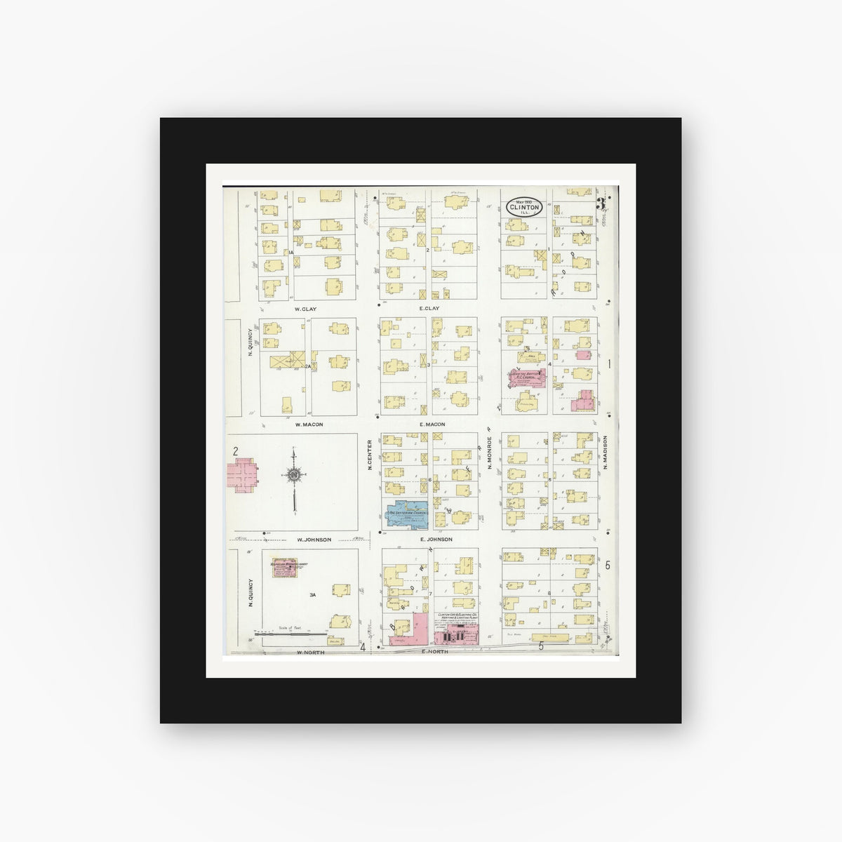 Old map wall art mockup — black gallery frame with white mat — Sanborn Fire Insurance Map from Clinton, De Witt County, Illinois (1910), Sheet #0003
