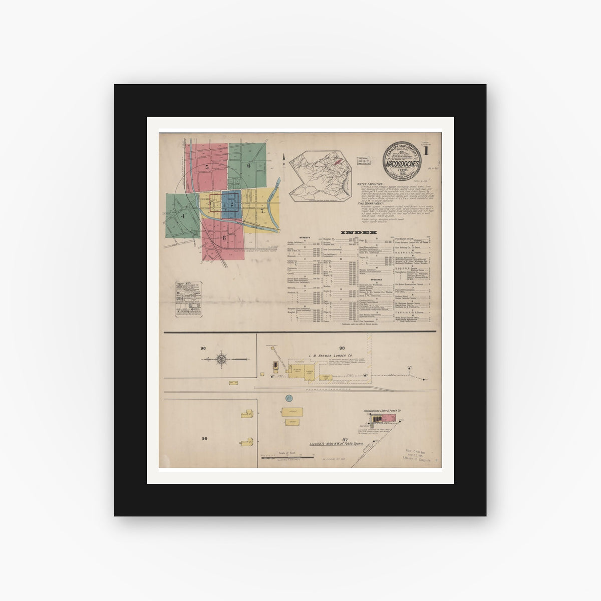 Old map wall art mockup — black gallery frame with white mat — Sanborn Fire Insurance Map from Nacogdoches, Nacogdoches County, Texas (1922) - Complete Map Set
