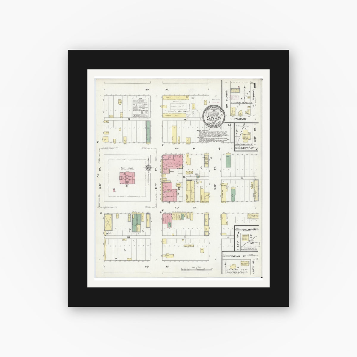 Old map wall art mockup — black gallery frame with white mat — Sanborn Fire Insurance Map from Canyon, Randall County, Texas (1910) - Complete Map Set