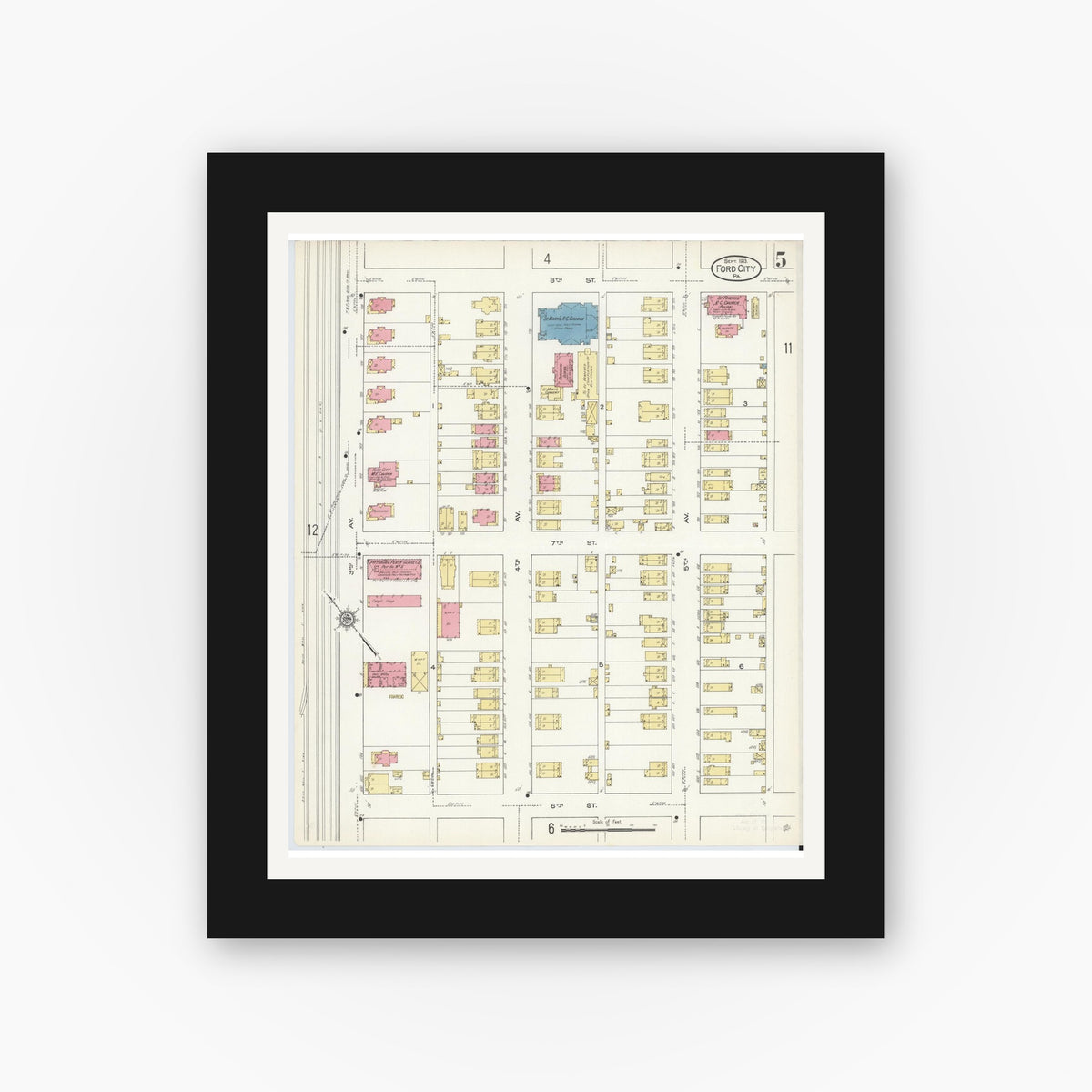 Old map wall art mockup — black gallery frame with white mat — Sanborn Fire Insurance Map from Ford City, Armstrong County, Pennsylvania (1913), Sheet #0005