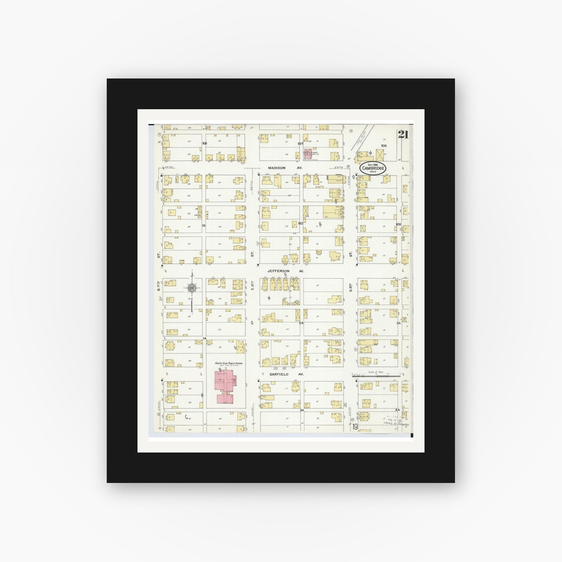 Old map wall art mockup — black gallery frame with white mat — Sanborn Fire Insurance Map from Cambridge, Guernsey County, Ohio (1909), Sheet #0021