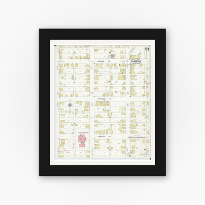 Old map wall art mockup — black gallery frame with white mat — Sanborn Fire Insurance Map from Cambridge, Guernsey County, Ohio (1909), Sheet #0021