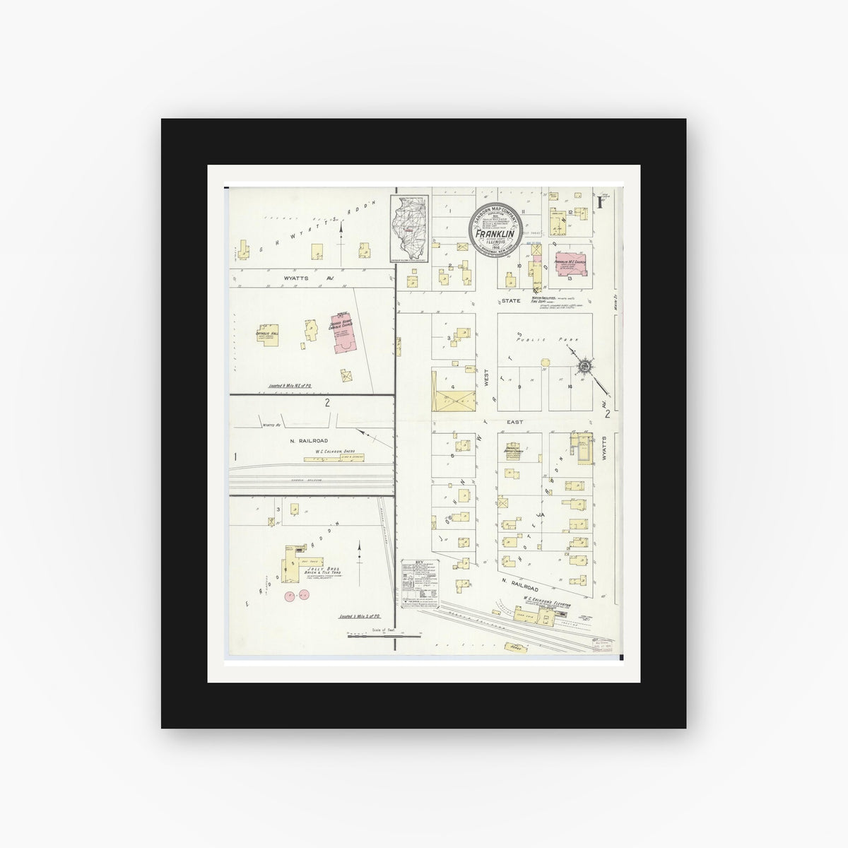 Old map wall art mockup — black gallery frame with white mat — Sanborn Fire Insurance Map from Franklin, Morgan County, Illinois (1914), Sheet #0001