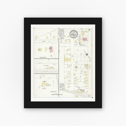 Old map wall art mockup — black gallery frame with white mat — Sanborn Fire Insurance Map from Franklin, Morgan County, Illinois (1914), Sheet #0001