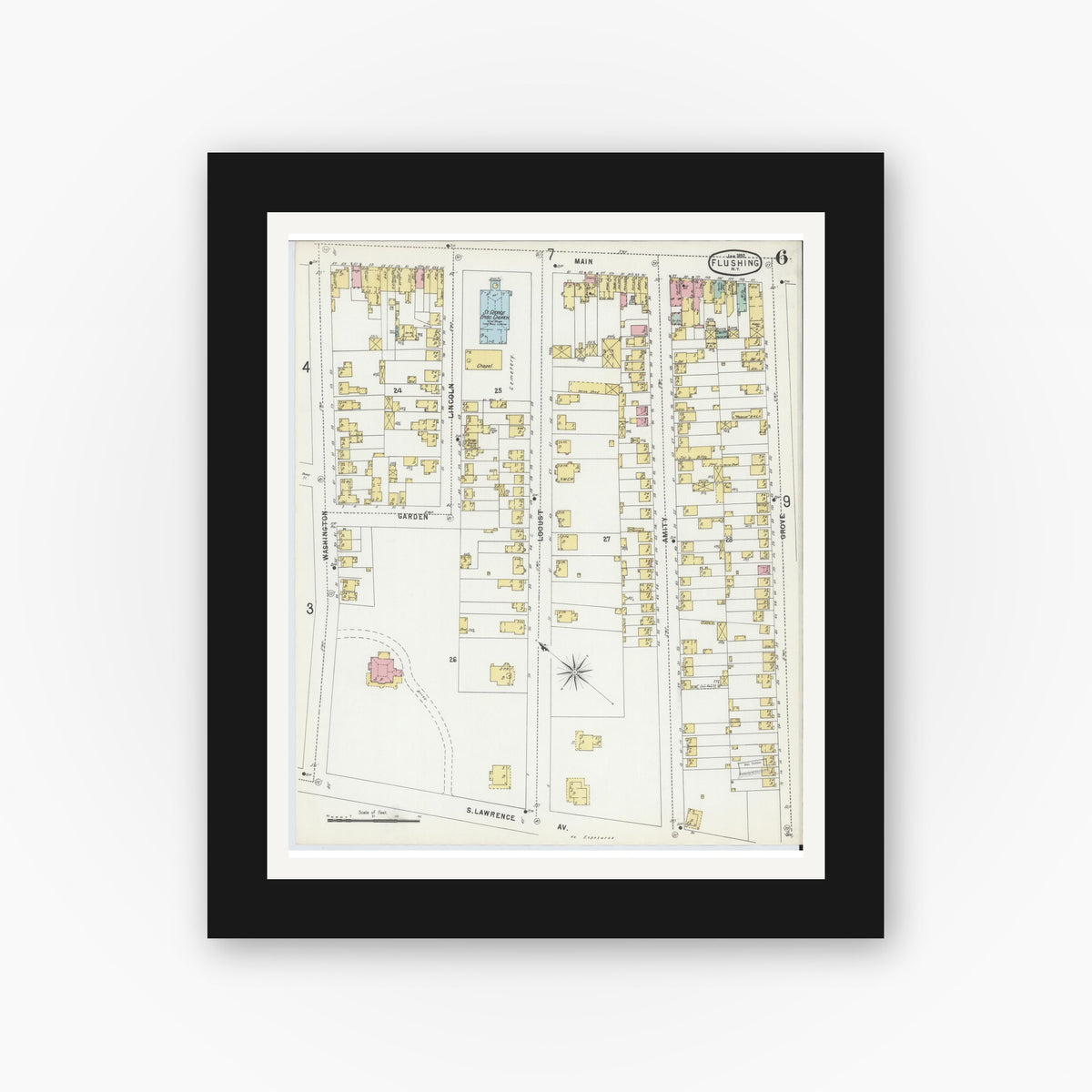 Old map wall art mockup — black gallery frame with white mat — Sanborn Fire Insurance Map from Flushing, Queens County, New York (1897), Sheet #0006