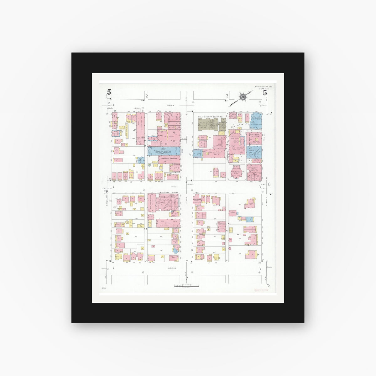Old map wall art mockup — black gallery frame with white mat — Sanborn Fire Insurance Map from Jefferson City, Cole County, Missouri (1939), Sheet #0005