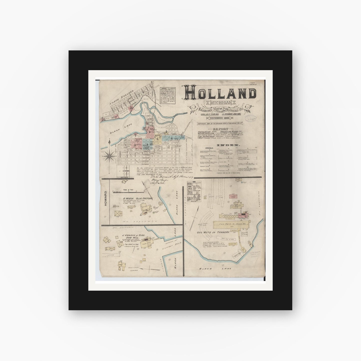Old map wall art mockup — black gallery frame with white mat — Sanborn Fire Insurance Map from Holland, Ottawa County, Michigan (1883), Sheet #0001