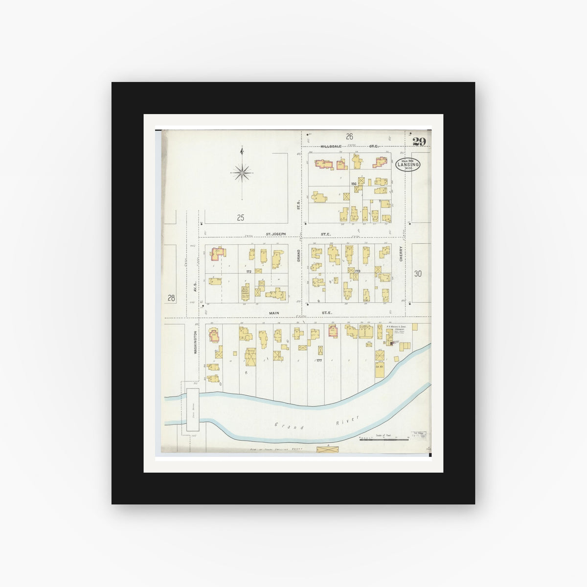Old map wall art mockup — black gallery frame with white mat — Sanborn Fire Insurance Map from Lansing, Ingham County, Michigan (1906), Sheet #0029