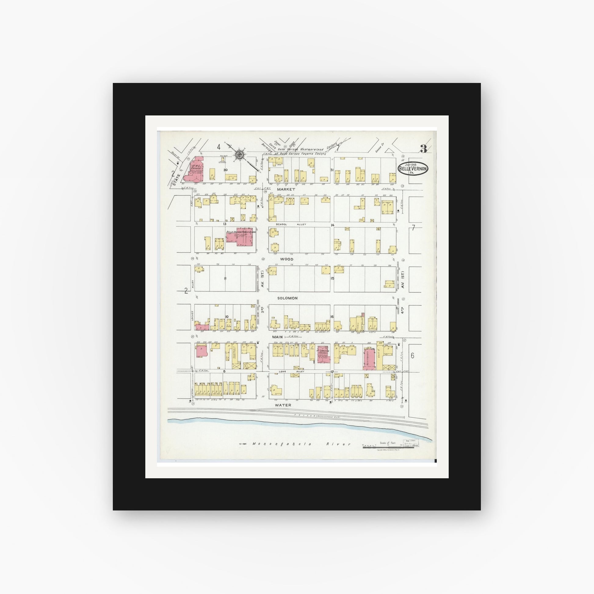 Old map wall art mockup — black gallery frame with white mat — Sanborn Fire Insurance Map from Belle Vernon, Fayette County, Pennsylvania (1918), Sheet #0003