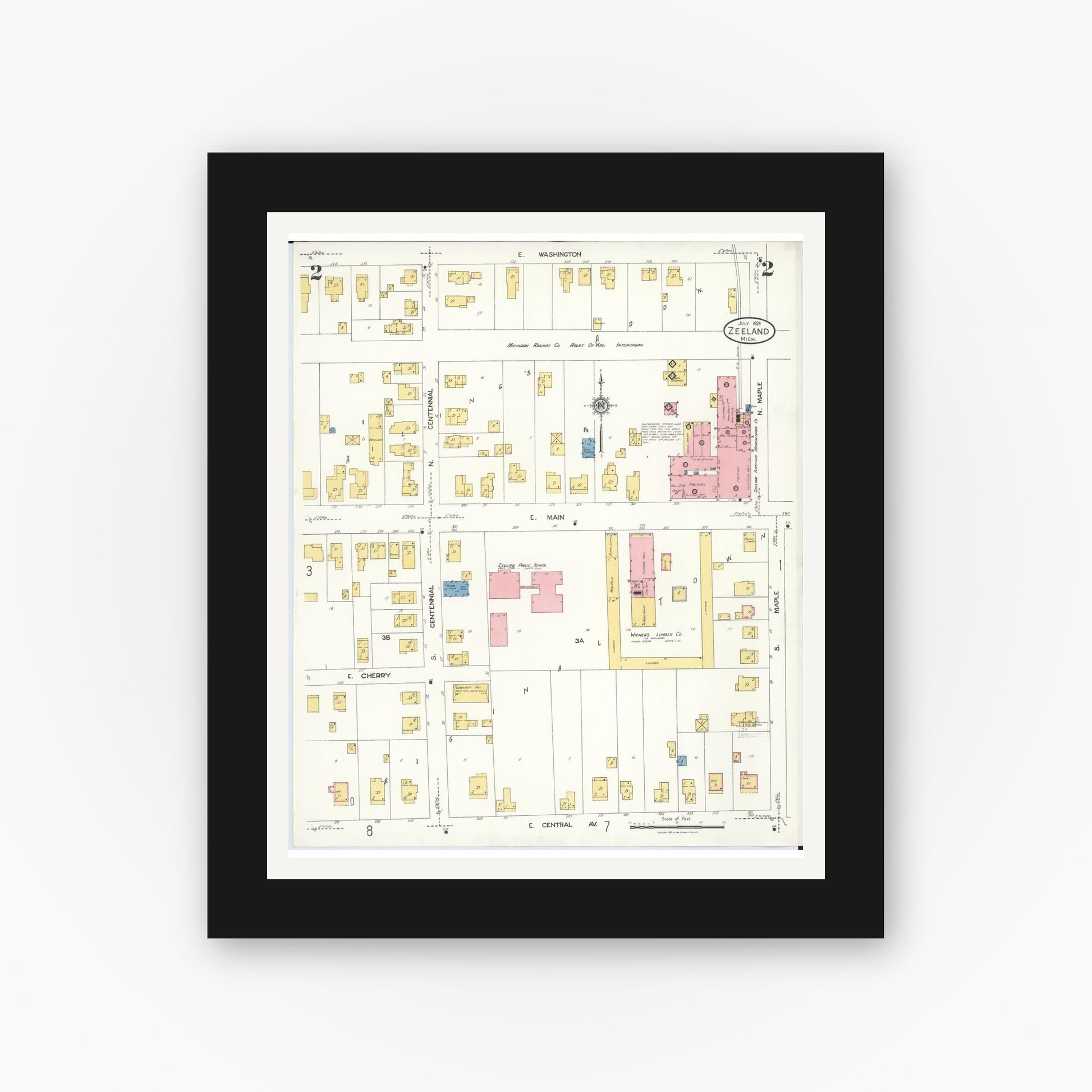 Old map wall art mockup — black gallery frame with white mat — Sanborn Fire Insurance Map from Zeeland, Ottawa County, Michigan (1923), Sheet #0002