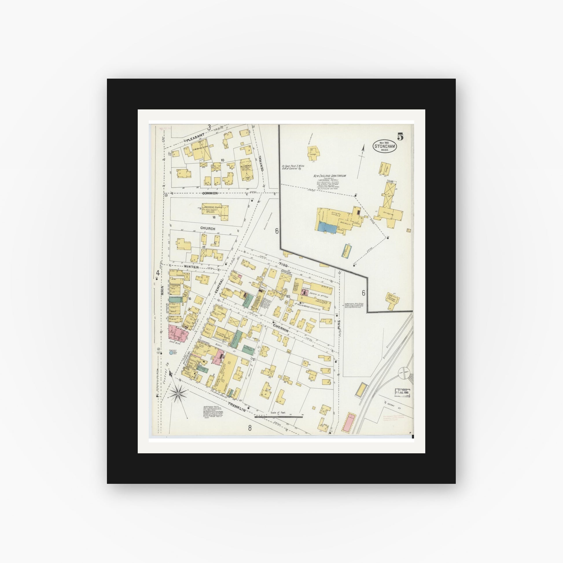 Old map wall art mockup — black gallery frame with white mat — Sanborn Fire Insurance Map from Stoneham, Middlesex County, Massachusetts (1903), Sheet #0005