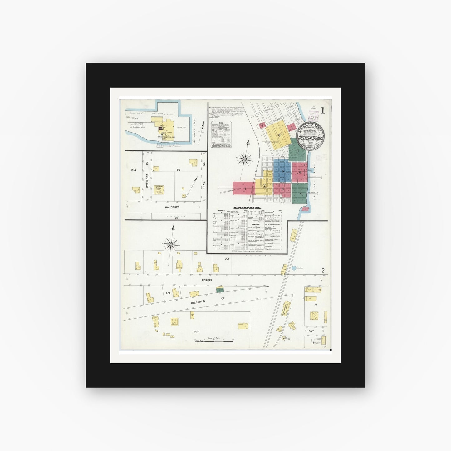 Old map wall art mockup — black gallery frame with white mat — Sanborn Fire Insurance Map from Green Cove Springs, Clay County, Florida (1909), Sheet #0001