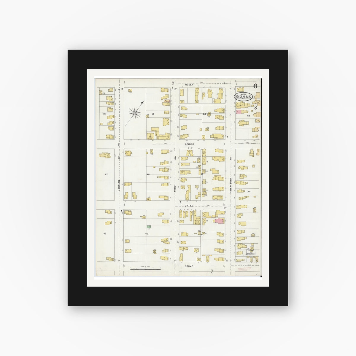 Old map wall art mockup — black gallery frame with white mat — Sanborn Fire Insurance Map from Ogdensburg, St. Lawrence County, New York (1898), Sheet #0006