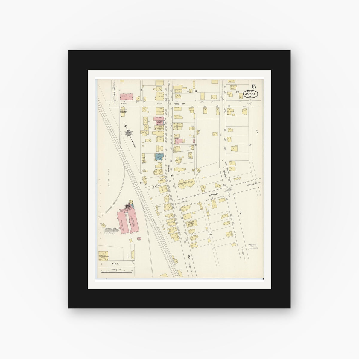Old map wall art mockup — black gallery frame with white mat — Sanborn Fire Insurance Map from Avoca, Luzerne County, Pennsylvania (1913), Sheet #0006