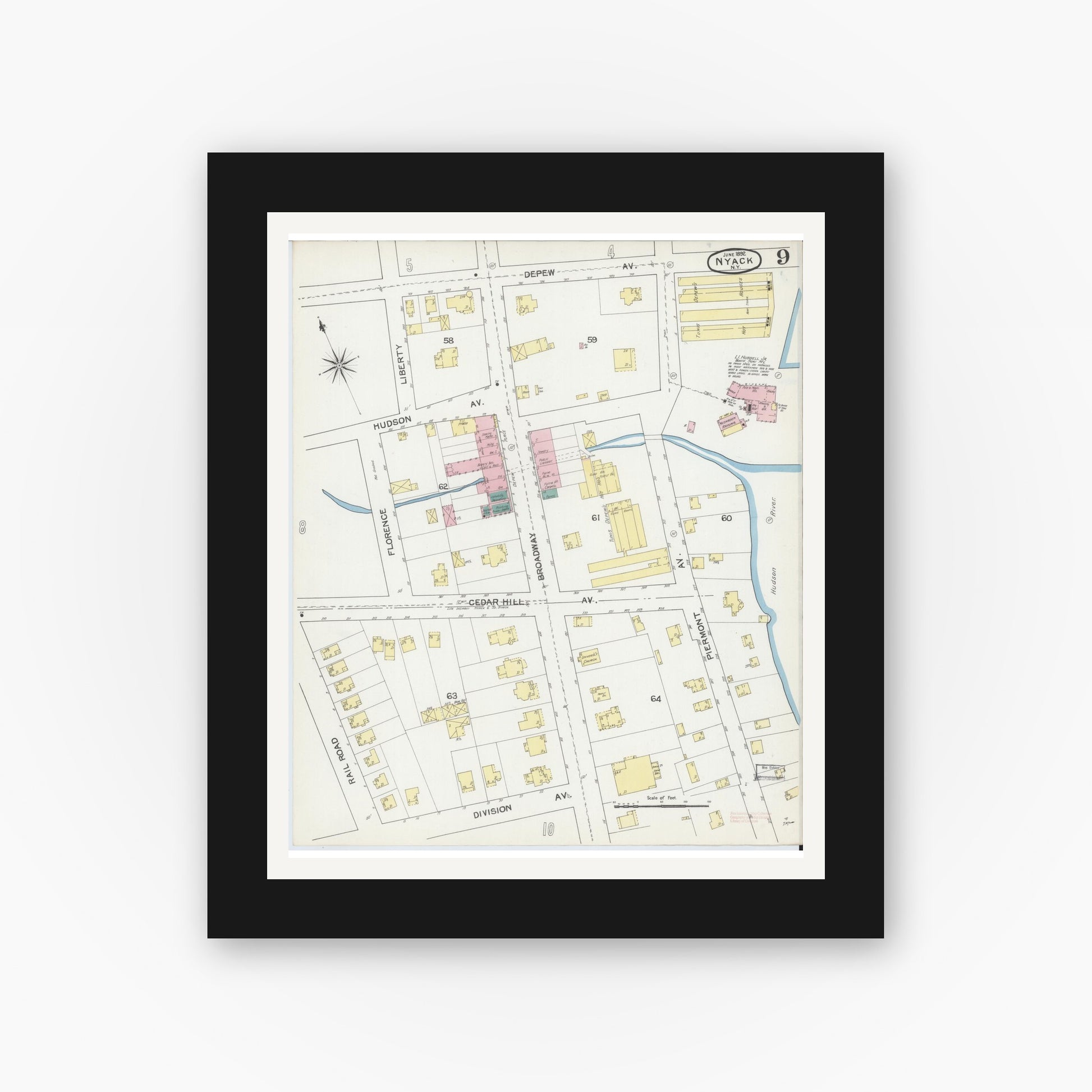Old map wall art mockup — black gallery frame with white mat — Sanborn Fire Insurance Map from Nyack, Rockland County, New York. (1892), Sheet #0009
