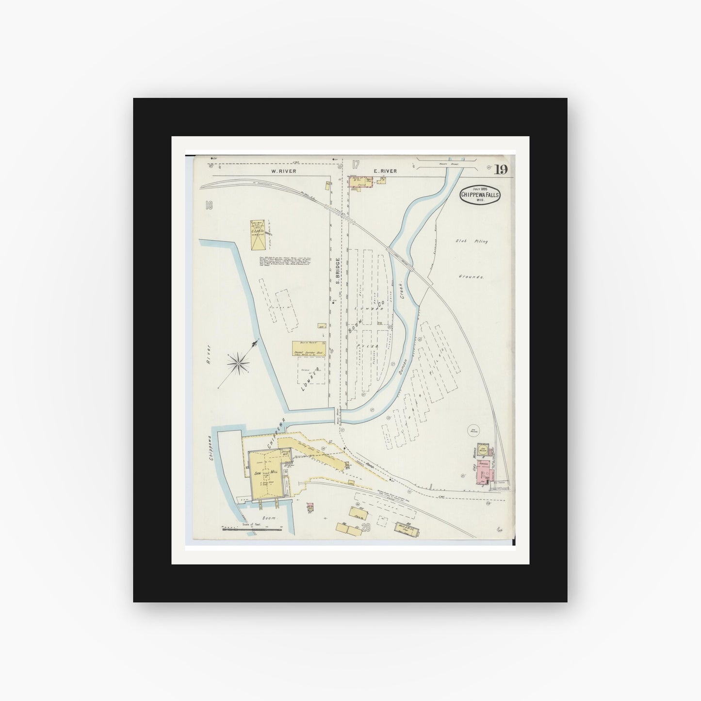 Old map wall art mockup — black gallery frame with white mat — Sanborn Fire Insurance Map from Chippewa Falls, Chippewa County, Wisconsin (1895), Sheet #0019