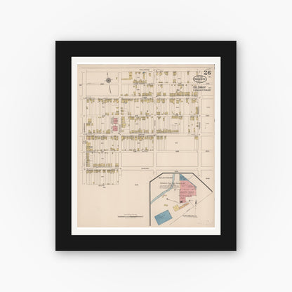 Old map wall art mockup — black gallery frame with white mat — Sanborn Fire Insurance Map from Shamokin, Northumberland County, Pennsylvania (1922), Sheet #0026