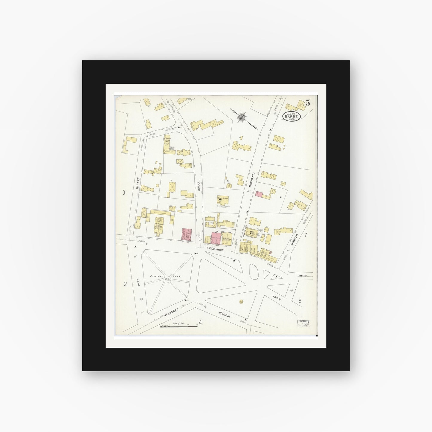 Old map wall art mockup — black gallery frame with white mat — Sanborn Fire Insurance Map from Barre, Worcester County, Massachusetts (1911), Sheet #0005