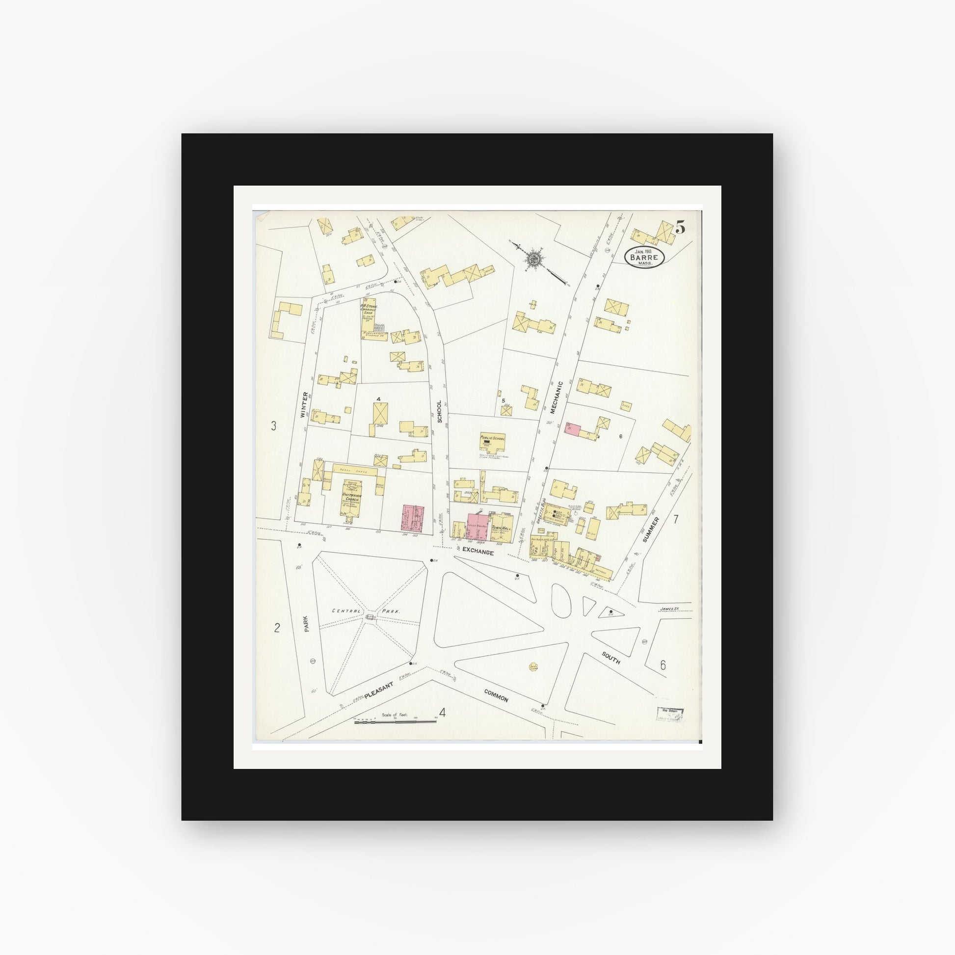 Old map wall art mockup — black gallery frame with white mat — Sanborn Fire Insurance Map from Barre, Worcester County, Massachusetts (1911), Sheet #0005