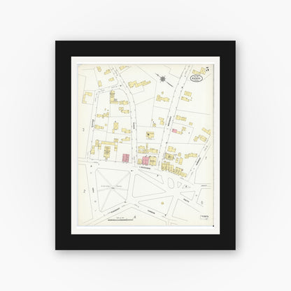 Old map wall art mockup — black gallery frame with white mat — Sanborn Fire Insurance Map from Barre, Worcester County, Massachusetts (1911), Sheet #0005