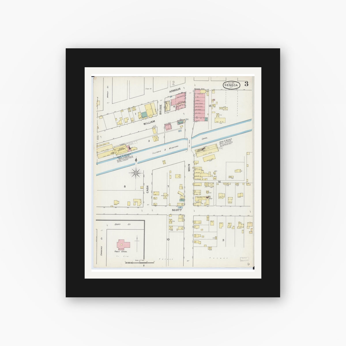 Old map wall art mockup — black gallery frame with white mat — Sanborn Fire Insurance Map from Seneca, La Salle County, Illinois (1893), Sheet #0003