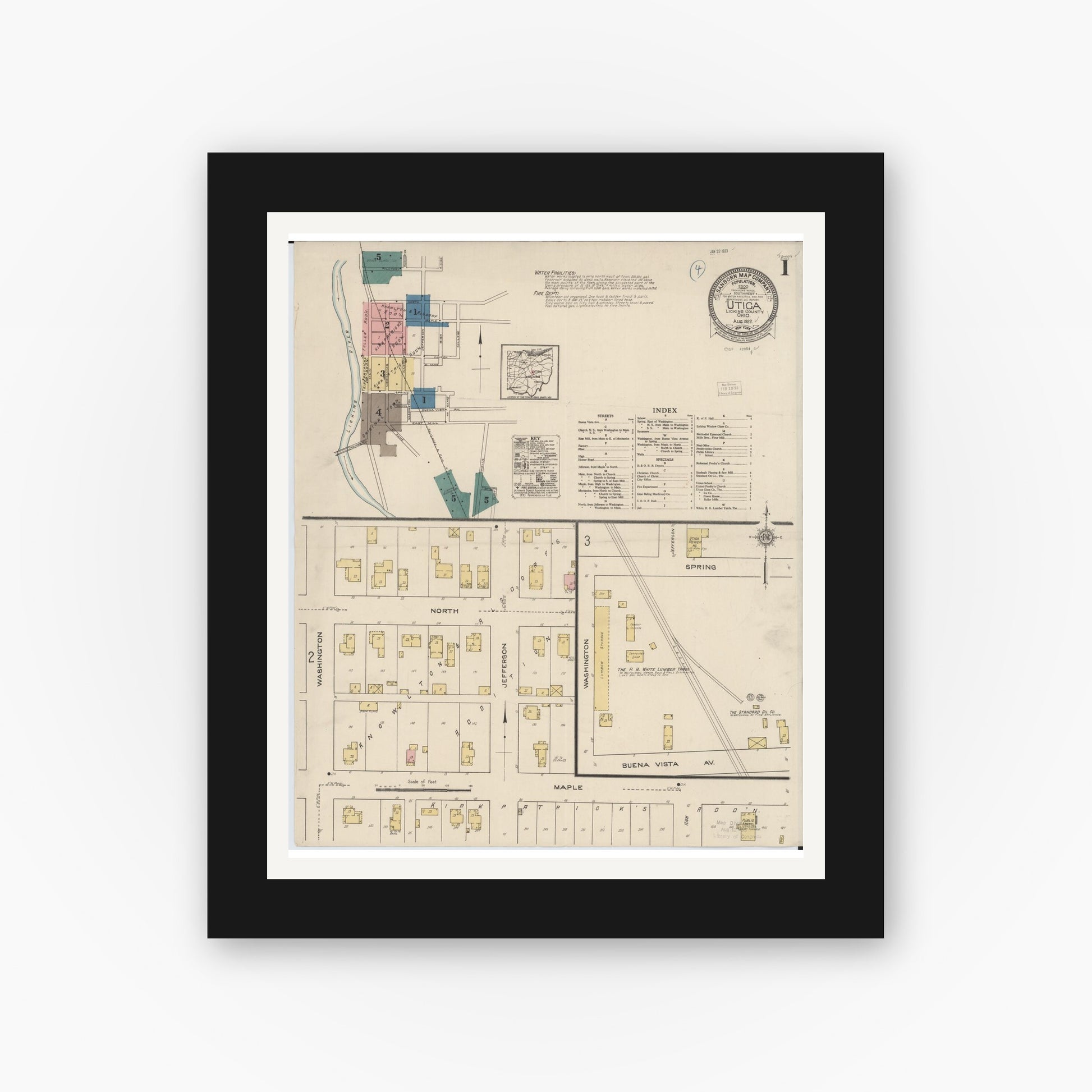 Old map wall art mockup — black gallery frame with white mat — Sanborn Fire Insurance Map from Utica, Licking County, Ohio (1922) - Complete Map Set