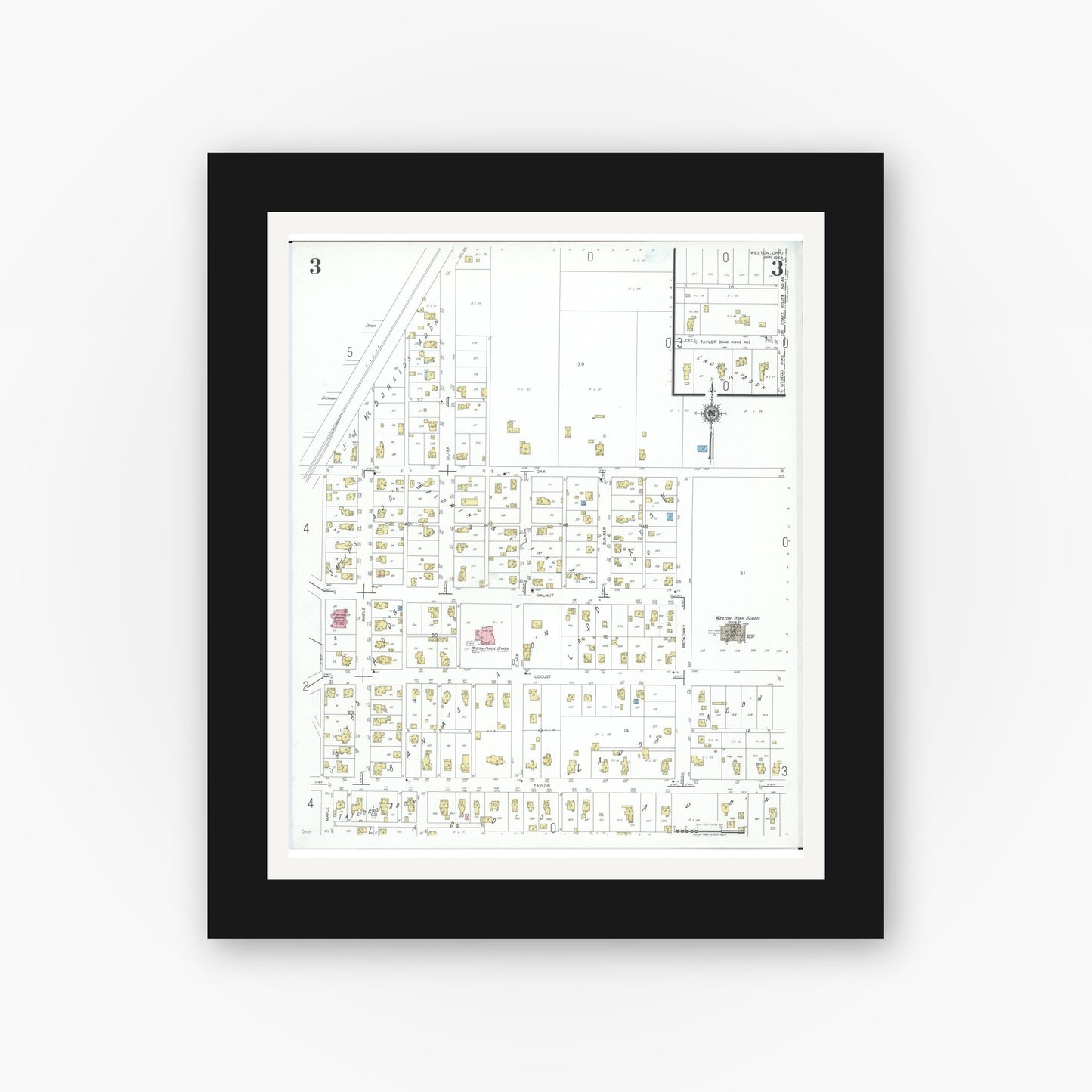 Old map wall art mockup — black gallery frame with white mat — Sanborn Fire Insurance Map from Weston, Wood County, Ohio (1948), Sheet #0003