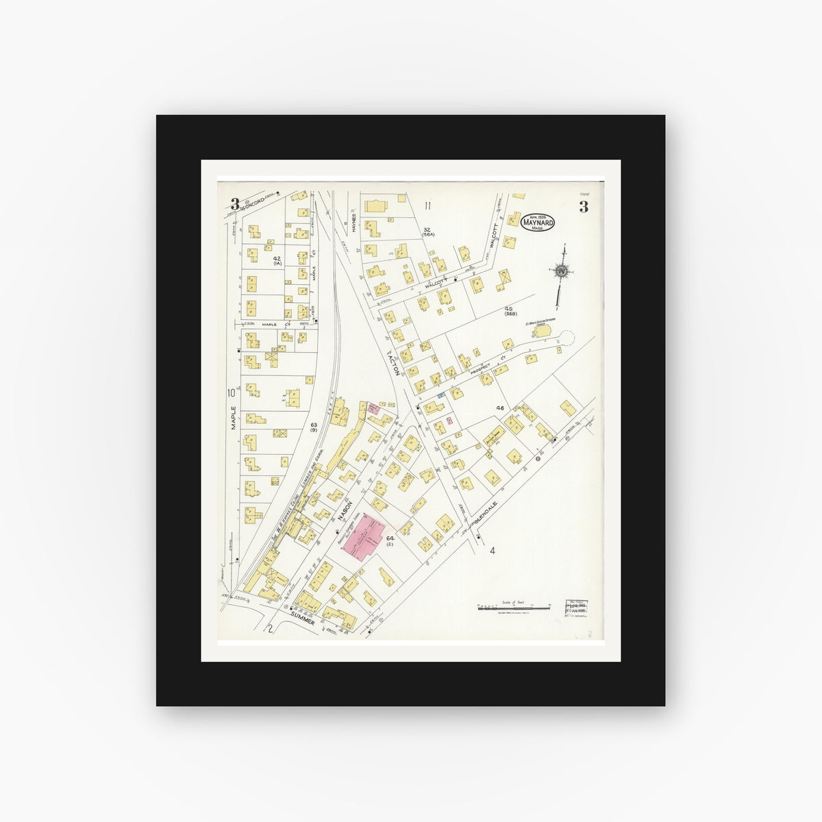 Old map wall art mockup — black gallery frame with white mat — Sanborn Fire Insurance Map from Maynard, Middlesex County, Massachusetts (1924), Sheet #0003