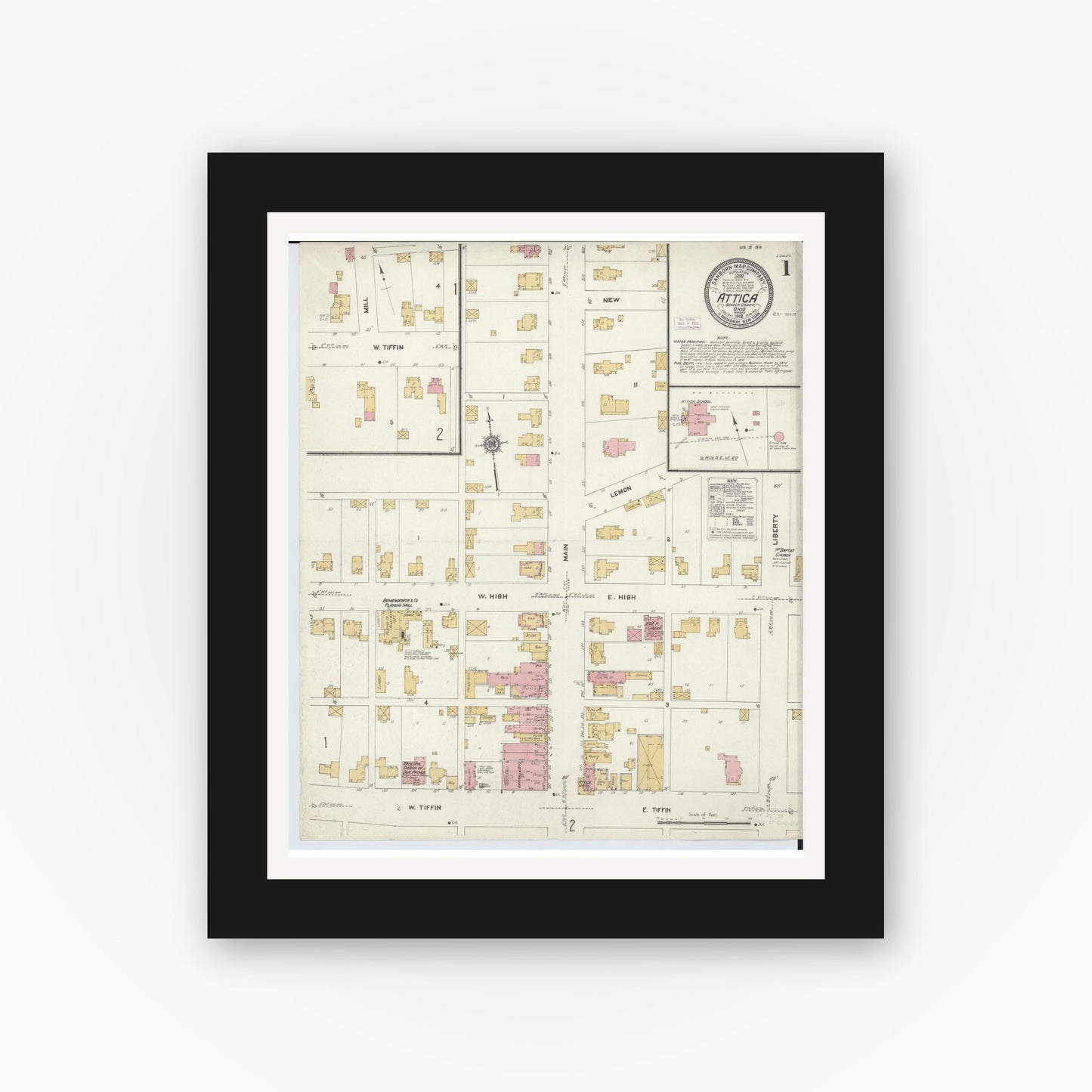 Old map wall art mockup — black gallery frame with white mat — Sanborn Fire Insurance Map from Attica, Seneca County, Ohio (1912), Sheet #0001
