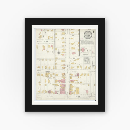 Old map wall art mockup — black gallery frame with white mat — Sanborn Fire Insurance Map from Attica, Seneca County, Ohio (1912), Sheet #0001