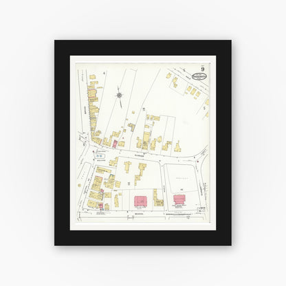 Old map wall art mockup — black gallery frame with white mat — Sanborn Fire Insurance Map from Bridgewater, Plymouth County, Massachusetts (1921), Sheet #0009
