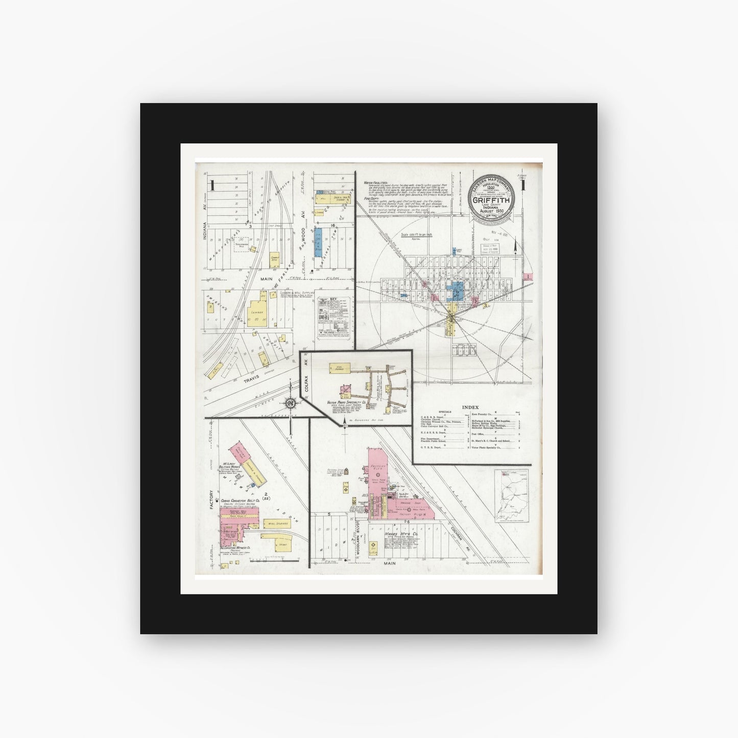 Old map wall art mockup — black gallery frame with white mat — Sanborn Fire Insurance Map from Griffith, Lake County, Indiana (1930) - Complete Map Set