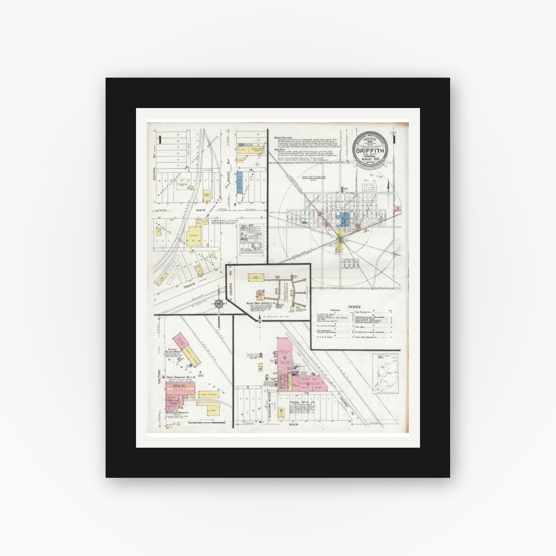 Old map wall art mockup — black gallery frame with white mat — Sanborn Fire Insurance Map from Griffith, Lake County, Indiana (1930) - Complete Map Set