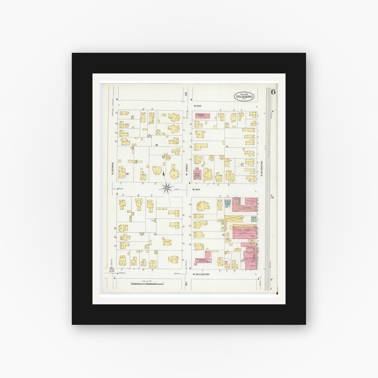 Old map wall art mockup — black gallery frame with white mat — Sanborn Fire Insurance Map from Goldsboro, Wayne County, North Carolina (1908), Sheet #0006