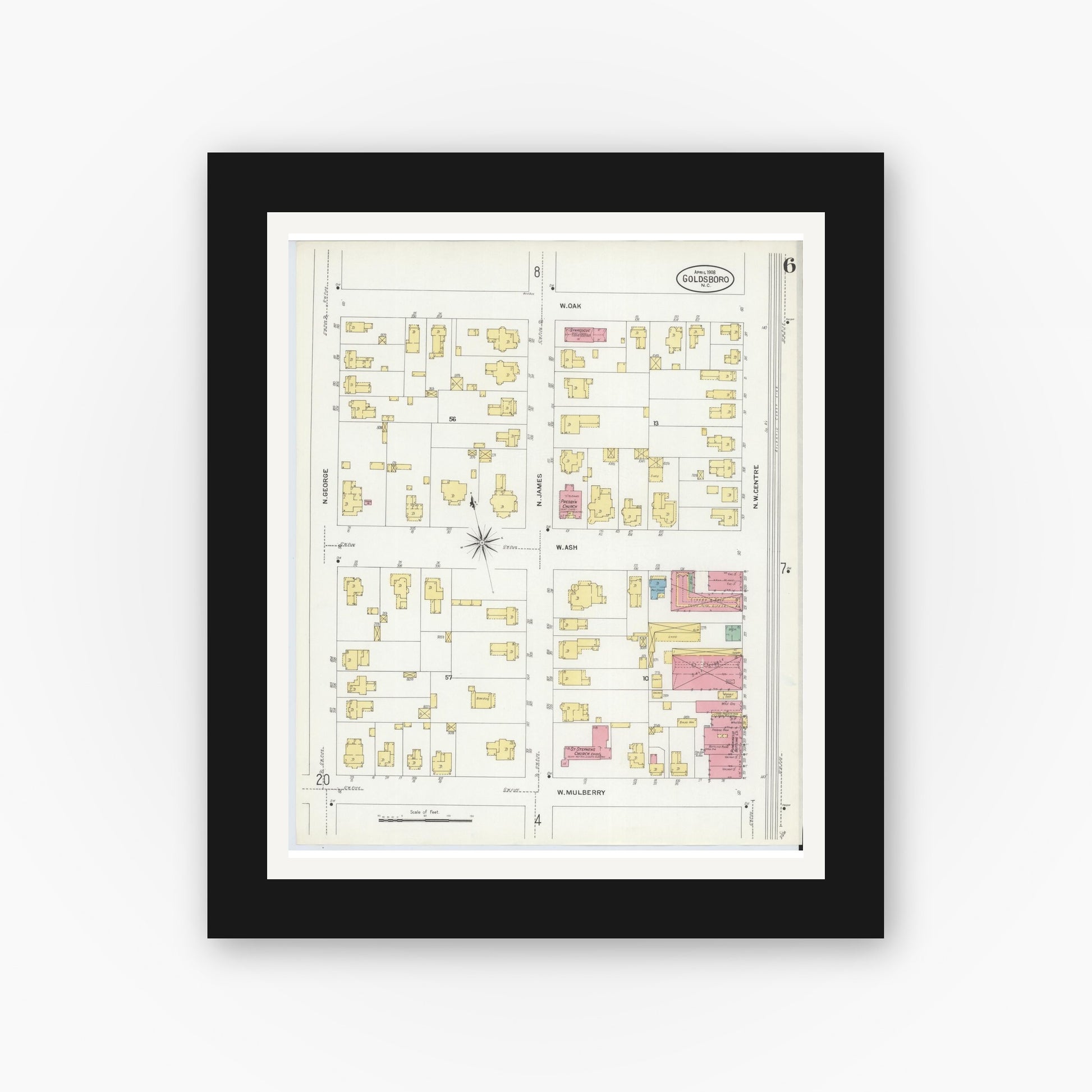 Old map wall art mockup — black gallery frame with white mat — Sanborn Fire Insurance Map from Goldsboro, Wayne County, North Carolina (1908), Sheet #0006