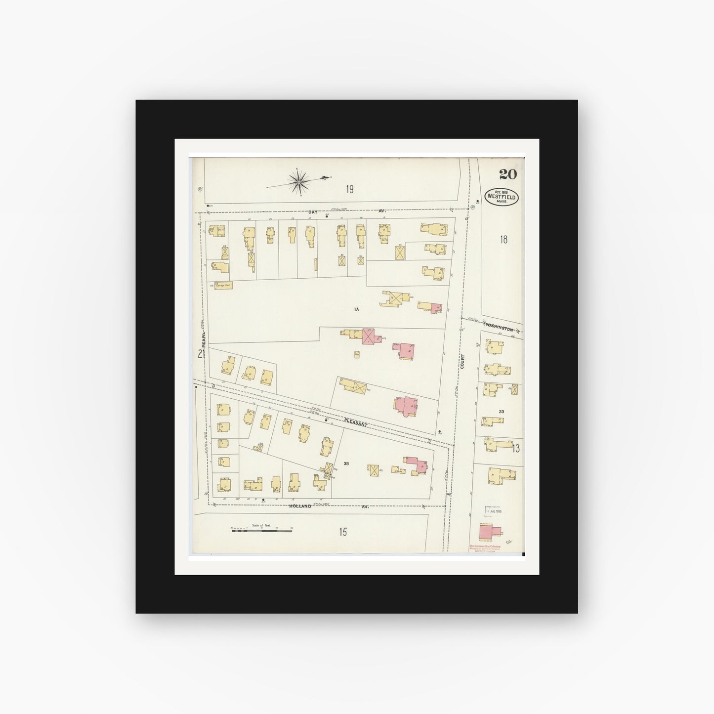 Old map wall art mockup — black gallery frame with white mat — Sanborn Fire Insurance Map from Westfield, Hampden County, Massachusetts (1905), Sheet #0020