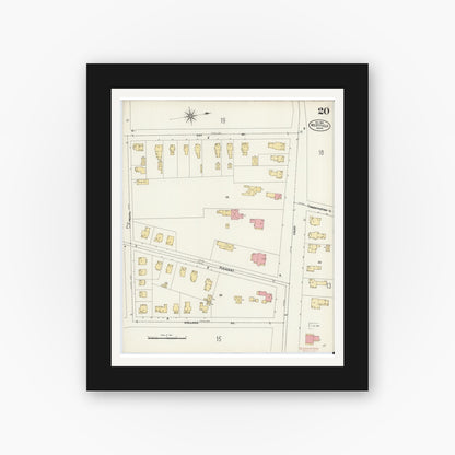 Old map wall art mockup — black gallery frame with white mat — Sanborn Fire Insurance Map from Westfield, Hampden County, Massachusetts (1905), Sheet #0020