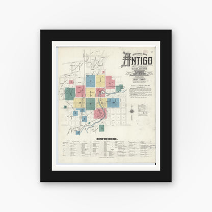 Old map wall art mockup — black gallery frame with white mat — Sanborn Fire Insurance Map from Antigo, Langlade County, Wisconsin (1909), Sheet #0001
