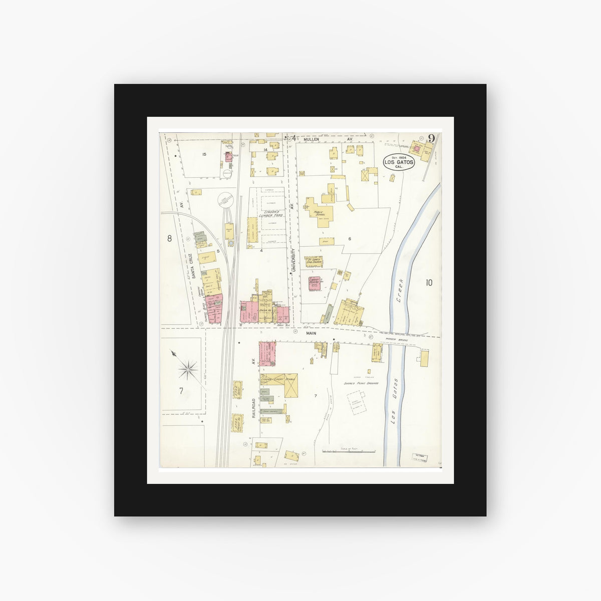 Old map wall art mockup — black gallery frame with white mat — Sanborn Fire Insurance Map from Los Gatos, Santa Clara County, California (1904), Sheet #0009