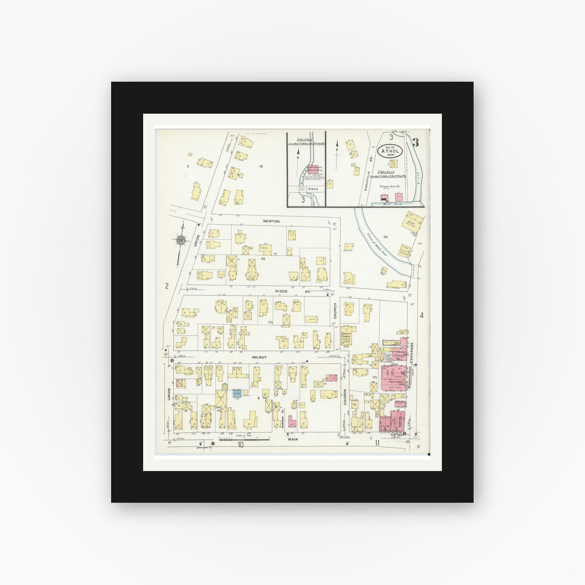 Old map wall art mockup — black gallery frame with white mat — Sanborn Fire Insurance Map from Athol, Worcester County, Massachusetts (1911), Sheet #0003