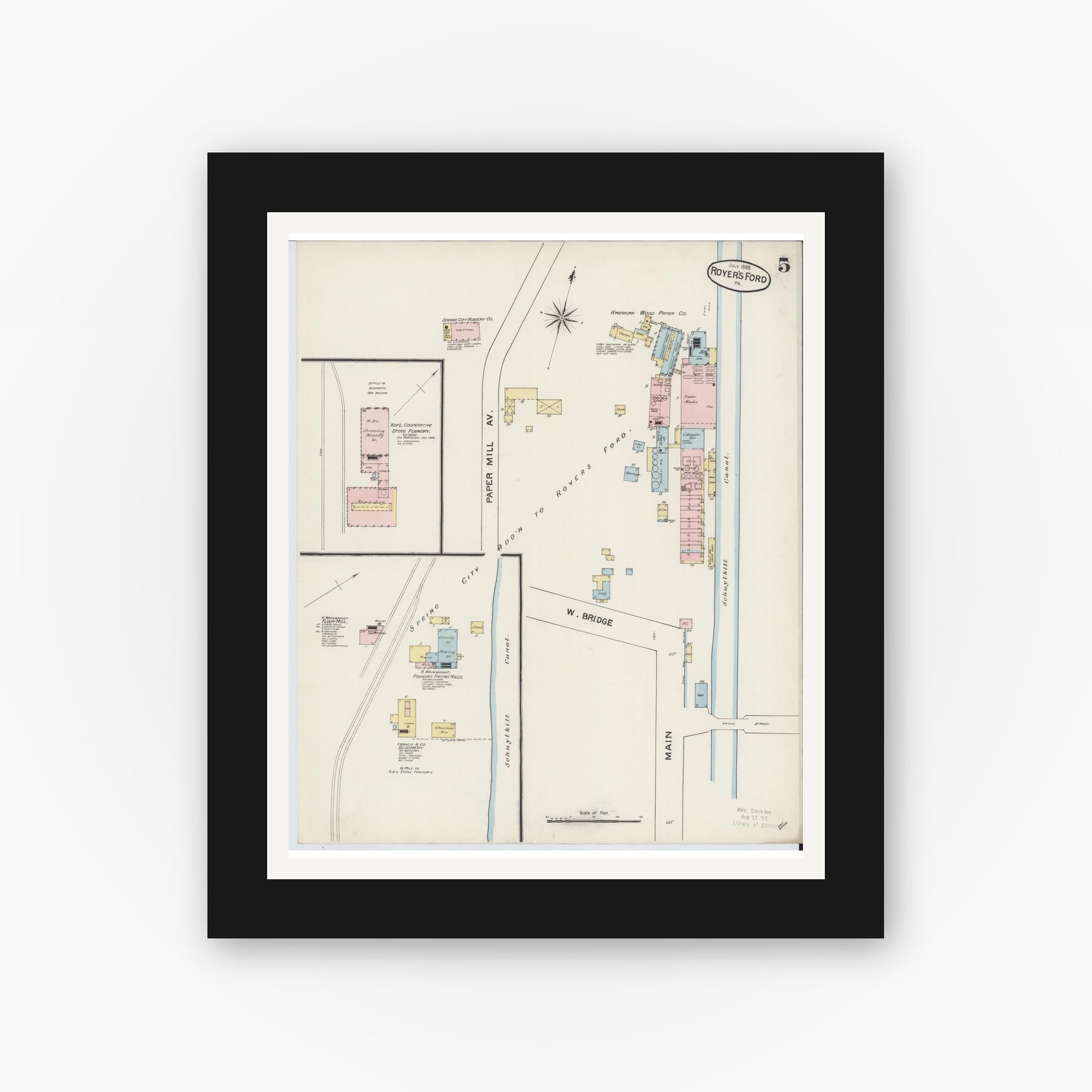 Old map wall art mockup — black gallery frame with white mat — Sanborn Fire Insurance Map from Royersford, Montgomery County, Pennsylvania (1888), Sheet #0005
