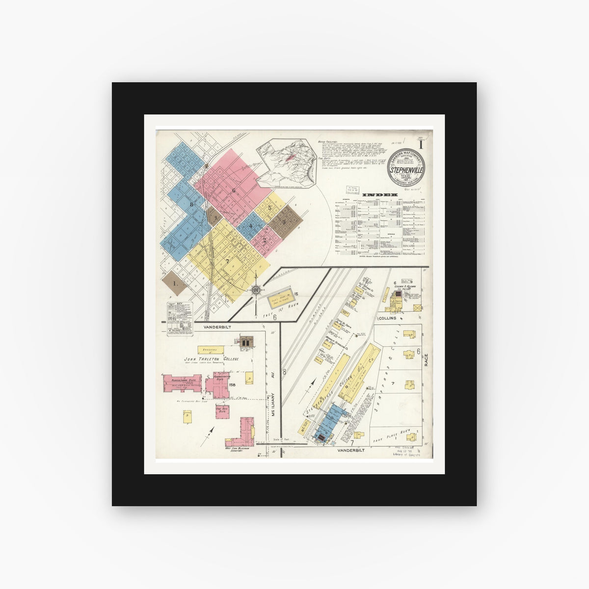 Old map wall art mockup — black gallery frame with white mat — Sanborn Fire Insurance Map from Stephenville, Erath County, Texas (1921) - Complete Map Set