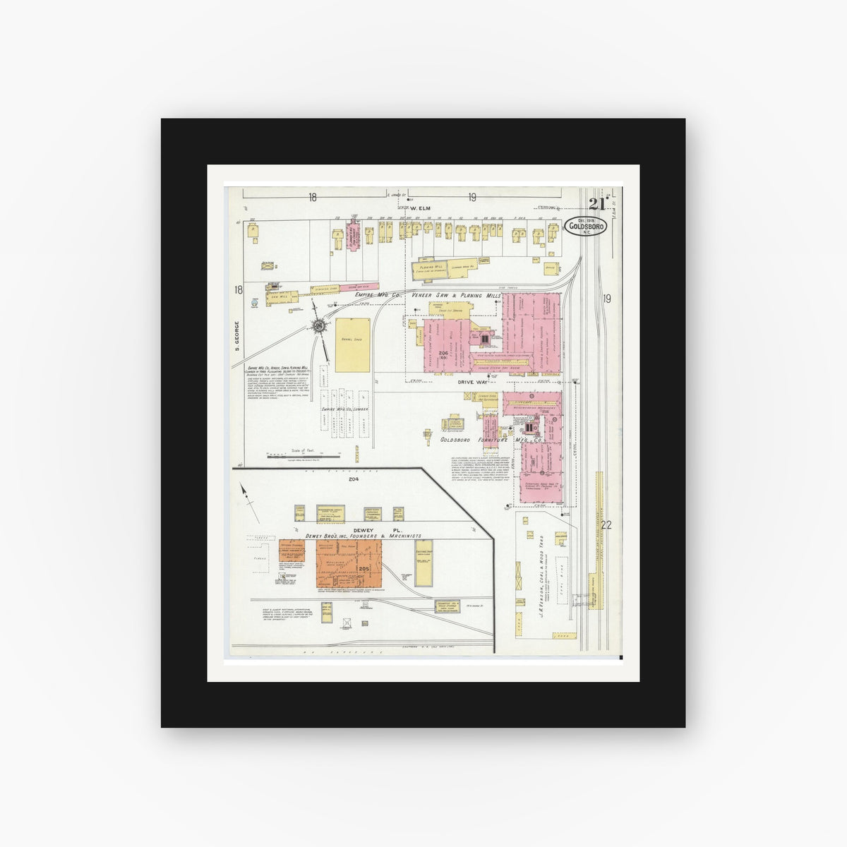 Old map wall art mockup — black gallery frame with white mat — Sanborn Fire Insurance Map from Goldsboro, Wayne County, North Carolina (1918), Sheet #0021