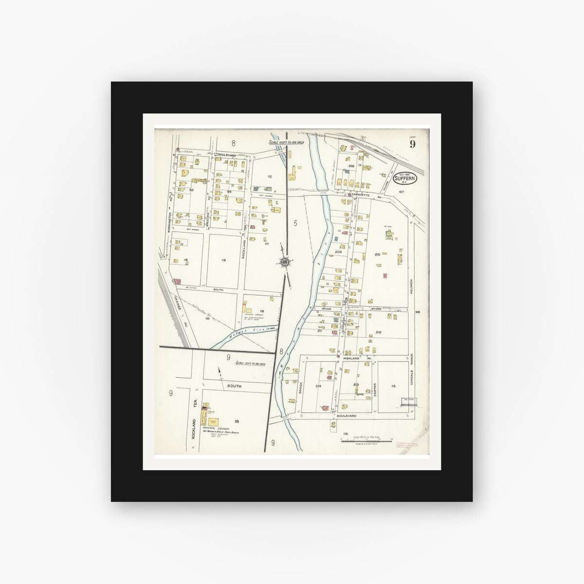 Old map wall art mockup — black gallery frame with white mat — Sanborn Fire Insurance Map from Suffern, Rockland County, New York (1921), Sheet #0009