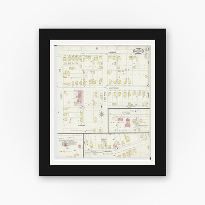 Old map wall art mockup — black gallery frame with white mat — Sanborn Fire Insurance Map from Bellefontaine, Logan County, Ohio (1896), Sheet #0011